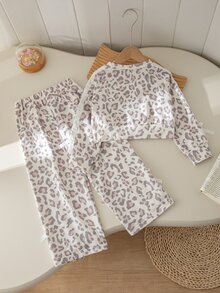 SHEIN Elladie kids 女童春秋長袖長褲運動蝴蝶結緞帶針織運動衫兩件套 - 彩色 - 查看 3