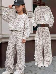 SHEIN Elladie kids 女童春秋長袖長褲運動蝴蝶結緞帶針織運動衫兩件套 - 彩色 - 查看 4