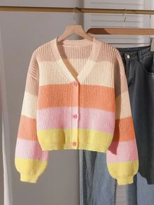 SHEIN 青少年女孩新款秋冬休閒時尚百搭彩虹拼接修身針織開襟毛衣 - 彩色 - 查看 1