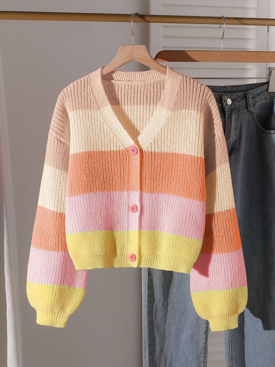 SHEIN 青少年女孩新款秋冬休閒時尚百搭彩虹拼接修身針織開襟毛衣 - 彩色 - 查看 1