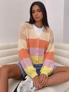 SHEIN 青少年女孩新款秋冬休閒時尚百搭彩虹拼接修身針織開襟毛衣 - 彩色 - 查看 9
