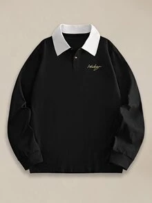 EASEVO Men's Plus Size Letter Print Button Half-Placket Long Sleeve Polo Shirt - Black - View 2