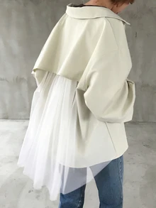 FRIFUL Jaket Wanita Model Baru Gaya Korea dengan Motif Patchwork dan Bahan Jala Transparan untuk Awal Musim Gugur - Aprikot - View 1