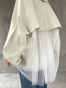 FRIFUL Jaket Wanita Model Baru Gaya Korea dengan Motif Patchwork dan Bahan Jala Transparan untuk Awal Musim Gugur - Aprikot - View 7