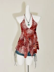 SHEIN ICON Regata Casual Minimalista para Mulher com Padrão Retrô Hippie Boêmio de Paisley do Deus Sol Apolo, Adequada para Festivais de Música, Estilo Boêmio, Férias, Chá da Tarde - Vinho - Visão 4
