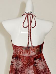 SHEIN ICON Regata Casual Minimalista para Mulher com Padrão Retrô Hippie Boêmio de Paisley do Deus Sol Apolo, Adequada para Festivais de Música, Estilo Boêmio, Férias, Chá da Tarde - Vinho - Visão 5
