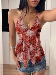 SHEIN ICON Regata Casual Minimalista para Mulher com Padrão Retrô Hippie Boêmio de Paisley do Deus Sol Apolo, Adequada para Festivais de Música, Estilo Boêmio, Férias, Chá da Tarde - Vinho - Visão 1
