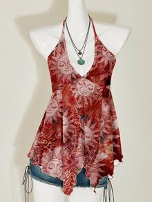 SHEIN ICON Regata Casual Minimalista para Mulher com Padrão Retrô Hippie Boêmio de Paisley do Deus Sol Apolo, Adequada para Festivais de Música, Estilo Boêmio, Férias, Chá da Tarde - Vinho - Visão 7