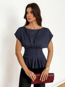 SHEIN Tall Kemeja Leher Perahu Bergaris Biru Tua yang Bergaya dan Kasual untuk Wanita Tinggi - Sempurna untuk Kerja atau Santai. - Navy Blue - View 8