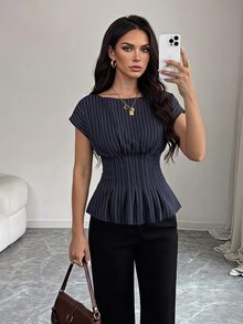 SHEIN Tall Kemeja Leher Perahu Bergaris Biru Tua yang Bergaya dan Kasual untuk Wanita Tinggi - Sempurna untuk Kerja atau Santai. - Navy Blue - View 10