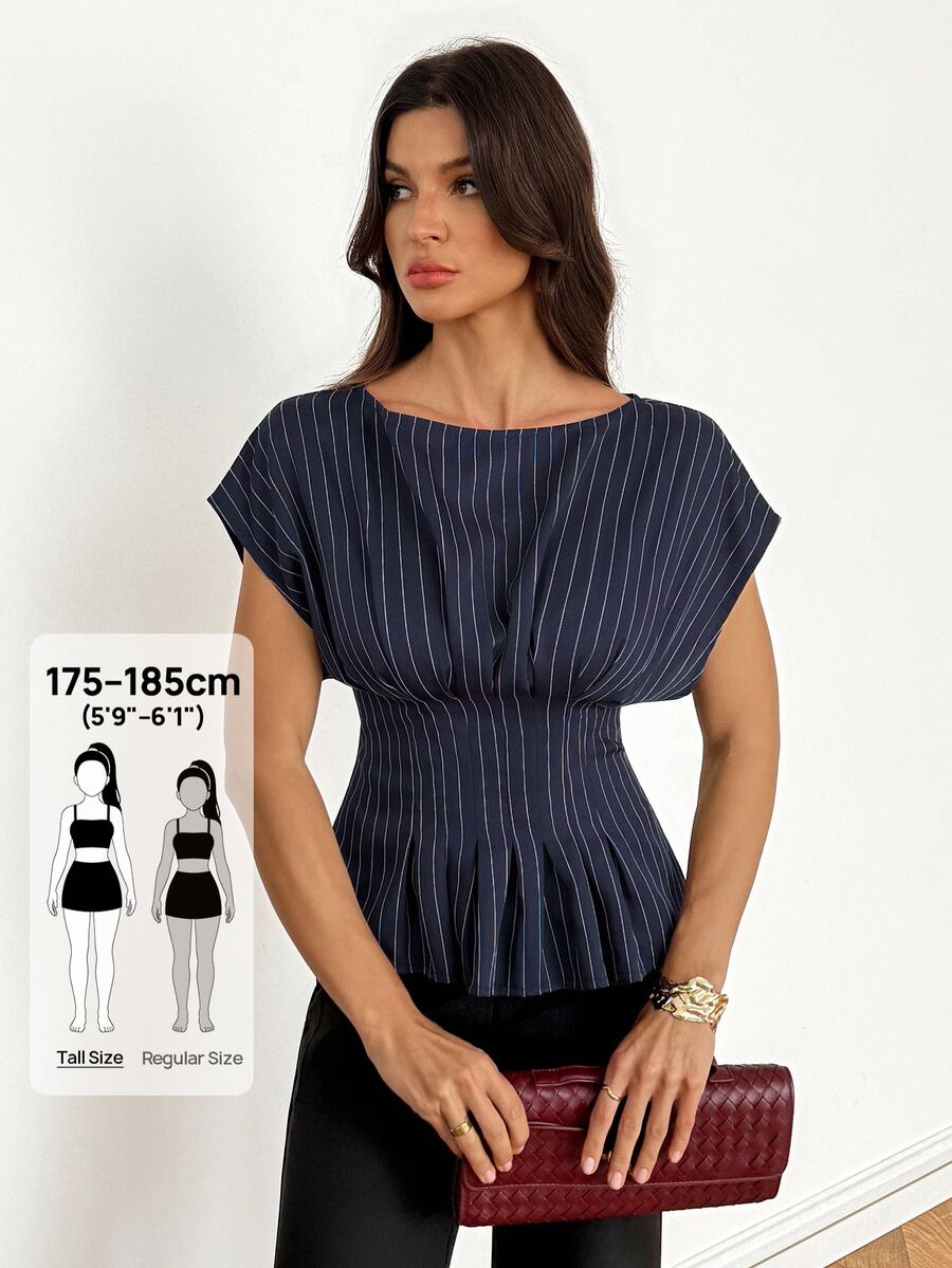 SHEIN Tall Kemeja Leher Perahu Bergaris Biru Tua yang Bergaya dan Kasual untuk Wanita Tinggi - Sempurna untuk Kerja atau Santai. - Navy Blue - View 1