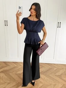 SHEIN Tall Kemeja Leher Perahu Bergaris Biru Tua yang Bergaya dan Kasual untuk Wanita Tinggi - Sempurna untuk Kerja atau Santai. - Navy Blue - View 5