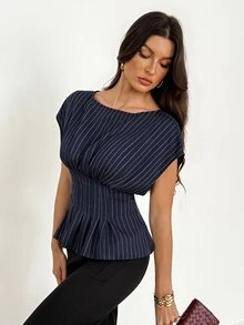 SHEIN Tall Kemeja Leher Perahu Bergaris Biru Tua yang Bergaya dan Kasual untuk Wanita Tinggi - Sempurna untuk Kerja atau Santai. - Navy Blue - View 7