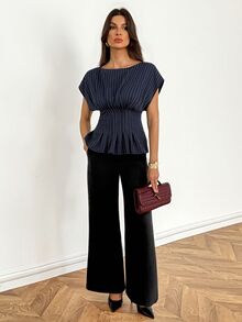 SHEIN Tall Kemeja Leher Perahu Bergaris Biru Tua yang Bergaya dan Kasual untuk Wanita Tinggi - Sempurna untuk Kerja atau Santai. - Navy Blue - View 3