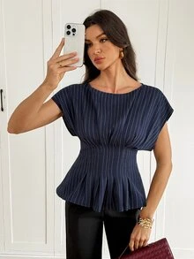 SHEIN Tall Kemeja Leher Perahu Bergaris Biru Tua yang Bergaya dan Kasual untuk Wanita Tinggi - Sempurna untuk Kerja atau Santai. - Navy Blue - View 9