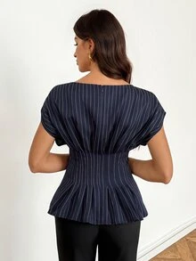 SHEIN Tall Kemeja Leher Perahu Bergaris Biru Tua yang Bergaya dan Kasual untuk Wanita Tinggi - Sempurna untuk Kerja atau Santai. - Navy Blue - View 2
