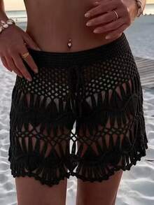 Swim Mod Summer Beach Hollow Out Tie Front Cover Up Skirt - Black - View 8