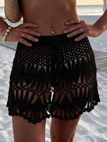 Swim Mod Summer Beach Hollow Out Tie Front Cover Up Skirt - Black - View 6