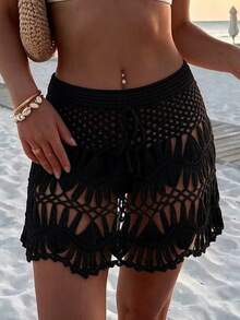Swim Mod Summer Beach Hollow Out Tie Front Cover Up Skirt - Black - View 5