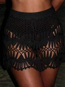 Swim Mod Summer Beach Hollow Out Tie Front Cover Up Skirt - Black - View 9