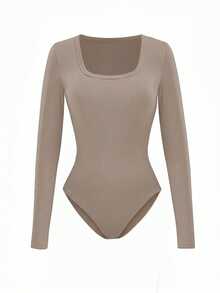 EMERY ROSE Body de manga larga con cuello cuadrado minimalista de unicolor para mujer, para uso diario - Caqui - Ver 5