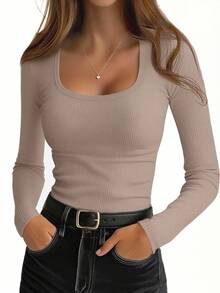EMERY ROSE Body de manga larga con cuello cuadrado minimalista de unicolor para mujer, para uso diario - Caqui - Ver 4