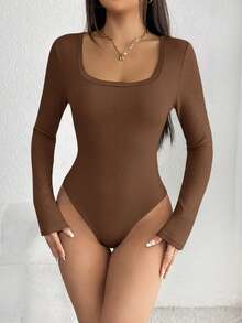 SHEIN Women's Casual Solid Color Long Sleeve Bodysuit - Brown - View 6