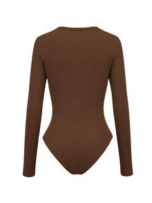 SHEIN Women's Casual Solid Color Long Sleeve Bodysuit - Brown - View 3