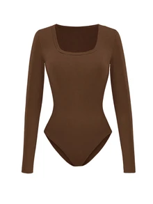 SHEIN Women's Casual Solid Color Long Sleeve Bodysuit - Brown - View 5