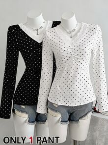 SHEIN Teen Girls Grey Black Polka Dot Collar Button Decor Lace Trim Design Long Sleeve Casual Versatile Design T-Shirt, Suitable For Spring And Autumn, Suitable For Daily Outings, Commuting, Travel, Gatherings - White - View 1