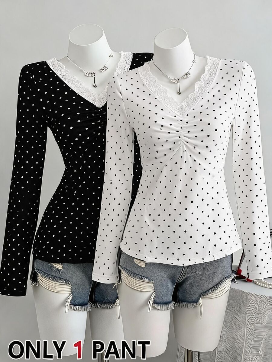 SHEIN Teen Girls Grey Black Polka Dot Collar Button Decor Lace Trim Design Long Sleeve Casual Versatile Design T-Shirt, Suitable For Spring And Autumn, Suitable For Daily Outings, Commuting, Travel, Gatherings - White - View 1