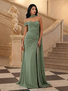 Firerie Elegant Sage Green Formal Dress,Luxurious Stretchy Knit Ruched Twist Design Halter Slit Fishtail Gown For Weddings,Parties,Galas,One Shoulder Style - Grass Green - View 4