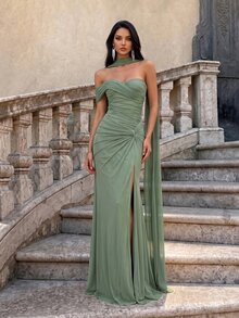 Firerie Elegant Sage Green Formal Dress,Luxurious Stretchy Knit Ruched Twist Design Halter Slit Fishtail Gown For Weddings,Parties,Galas,One Shoulder Style - Grass Green - View 8