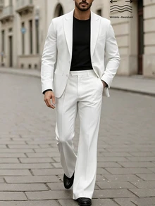 Manfinity Mode Men's Vintage White Fashion Commuter Loose Fit Blazer & Flare Pants Set, Suitable For Old Money Style, Formal - White - View 1