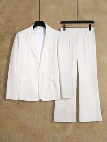 Manfinity Mode Men's Vintage White Fashion Commuter Loose Fit Blazer & Flare Pants Set, Suitable For Old Money Style, Formal - White - View 5