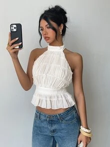 Aloruh Women's White,Summer,Elegant,Party Chiffon Embroidered Halter Backless Cropped Tank Top With Ruffle Hem,Y2K Cute Lace Blouse Latest Arrival Tops - Beige - View 3