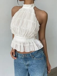 Aloruh Women's White,Summer,Elegant,Party Chiffon Embroidered Halter Backless Cropped Tank Top With Ruffle Hem,Y2K Cute Lace Blouse Latest Arrival Tops - Beige - View 4