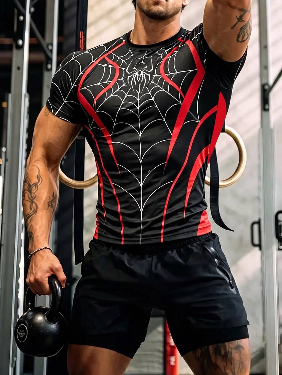 GymBeat Men's Spider Web All-Over Print Fitted Sports T-Shirt - Multicolor - View 1