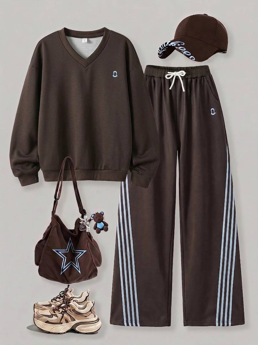 SHEIN 青少年女孩返校季秋冬運動套裝,秋季穿搭,復古V領巧克力棕色運動衫搭配側條紋寬腿運動長褲,舒適休閒... - 棕色 - 查看 1