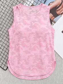 SHEIN Cheerettes Women's Plus Size Round Neck Casual Versatile Daily Wear Sports T-Shirt Pink Mesh Tank Jacquard Knit Breathable Moisture Wicking Shoulder Cutout - Pink - View 4