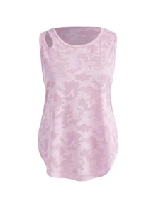 SHEIN Cheerettes Women's Plus Size Round Neck Casual Versatile Daily Wear Sports T-Shirt Pink Mesh Tank Jacquard Knit Breathable Moisture Wicking Shoulder Cutout - Pink - View 6