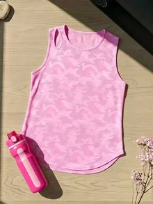 SHEIN Cheerettes Women's Plus Size Round Neck Casual Versatile Daily Wear Sports T-Shirt Pink Mesh Tank Jacquard Knit Breathable Moisture Wicking Shoulder Cutout - Pink - View 5
