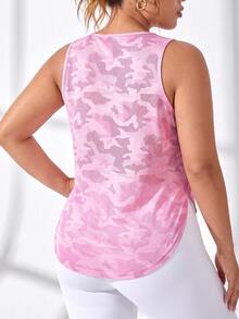 SHEIN Cheerettes Women's Plus Size Round Neck Casual Versatile Daily Wear Sports T-Shirt Pink Mesh Tank Jacquard Knit Breathable Moisture Wicking Shoulder Cutout - Pink - View 3