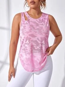 SHEIN Cheerettes Women's Plus Size Round Neck Casual Versatile Daily Wear Sports T-Shirt Pink Mesh Tank Jacquard Knit Breathable Moisture Wicking Shoulder Cutout - Pink - View 2