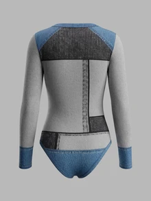 EMERY ROSE Women's Denim Effect Print Long Sleeve Casual Bodysuit - Grey - View 2