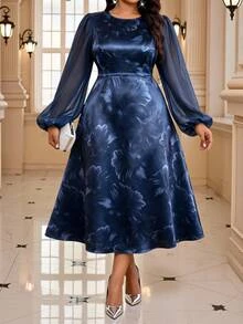 Fleurora Plus Size Elegant Party Floral Print Lantern Sleeve Dress Fall - Blue - View 4