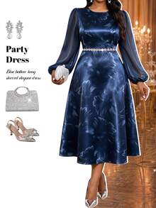 Fleurora Plus Size Elegant Party Floral Print Lantern Sleeve Dress Fall - Blue - View 1