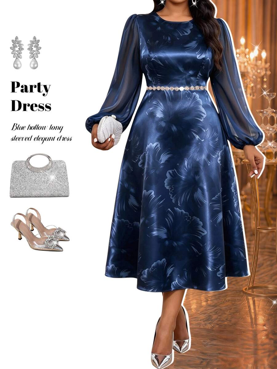 Fleurora Plus Size Elegant Party Floral Print Lantern Sleeve Dress Fall - Blue - View 1