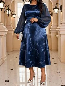 Fleurora Plus Size Elegant Party Floral Print Lantern Sleeve Dress Fall - Blue - View 3