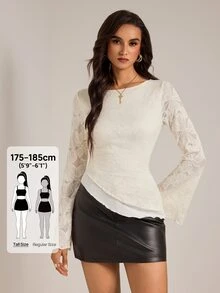 SHEIN Tall Women's Tall White Floral Print Double-Layer Knit T-Shirt With Flared Sleeves - White - View 1